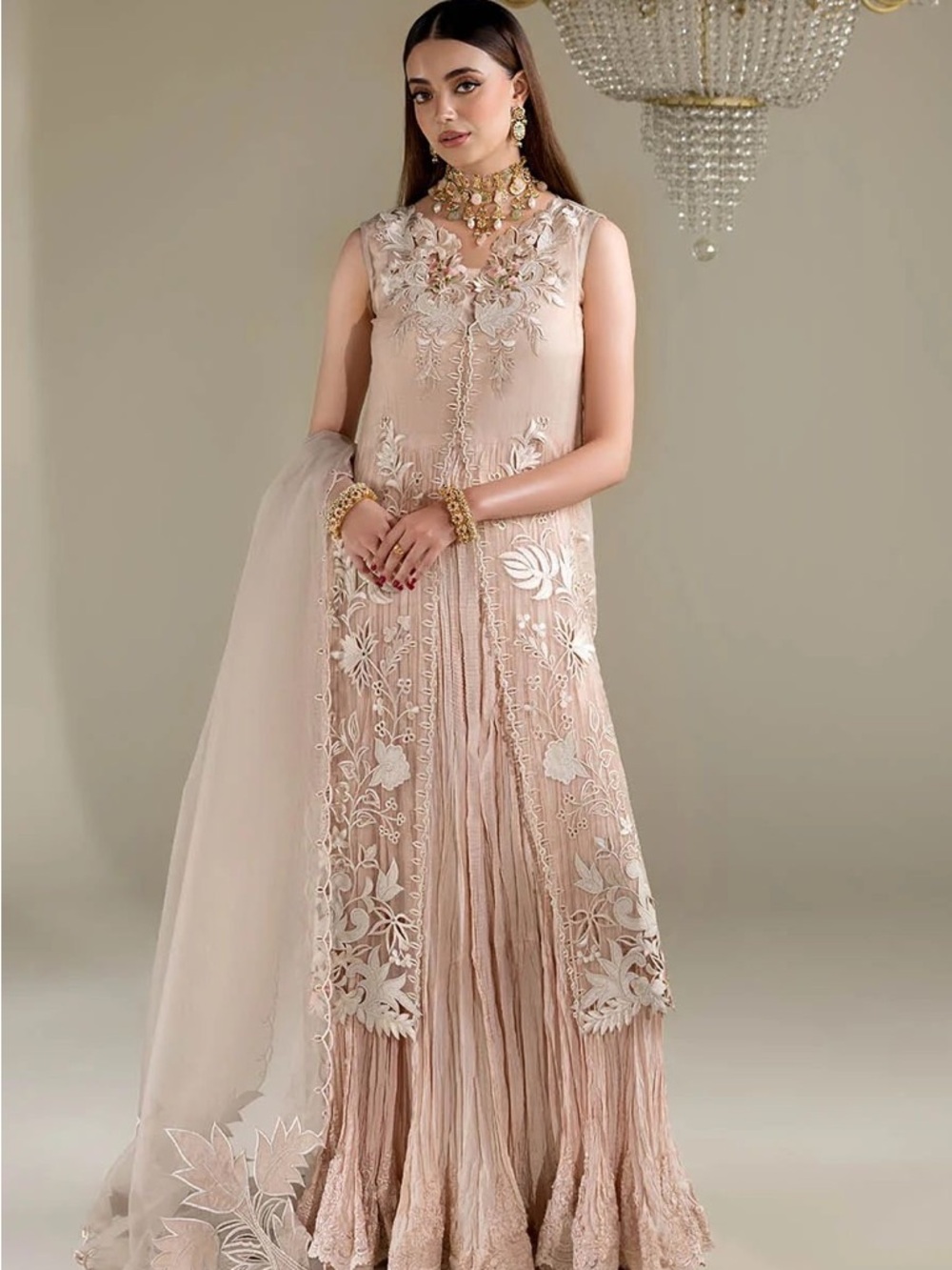 Blush Pink Embroidered Maxi Dress with Sheer Dupatta